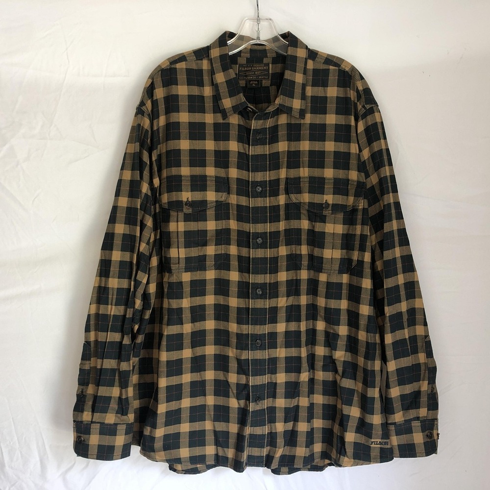 Filson Shirt Mens XL Green Tan Plaid Cotton Flannel Long Sleeve Button Front